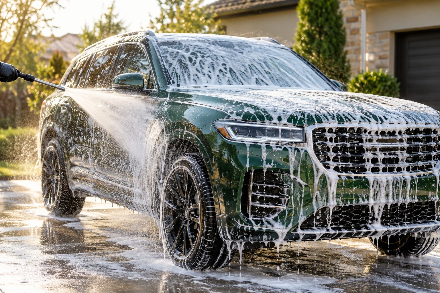 A green SUV being hand washed in a sunny driveway